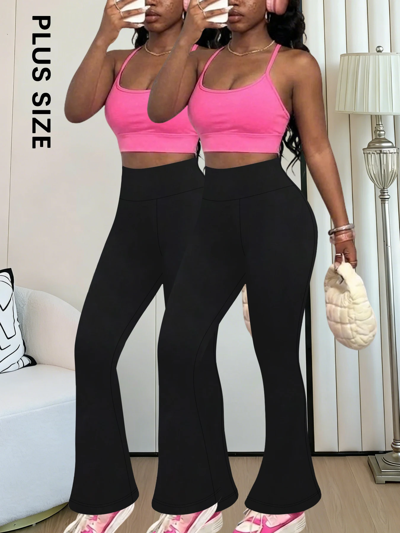 

Комплект из 2 пар женских брюк-клеш больших размеров: супермягкие, с высокой талией, леггинсы с эффектом утяжки живота, мягкие брюки-клеш для бега