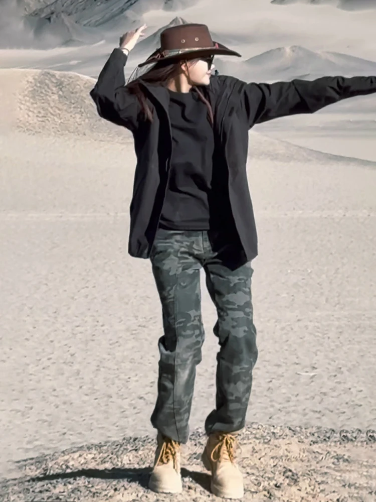 

Ретро-американские камуфляжные рабочие брюки для мужчин, утепленные флисом, с высокой талией, джинсовые, прямого кроя, на молнии, повседневные брюки