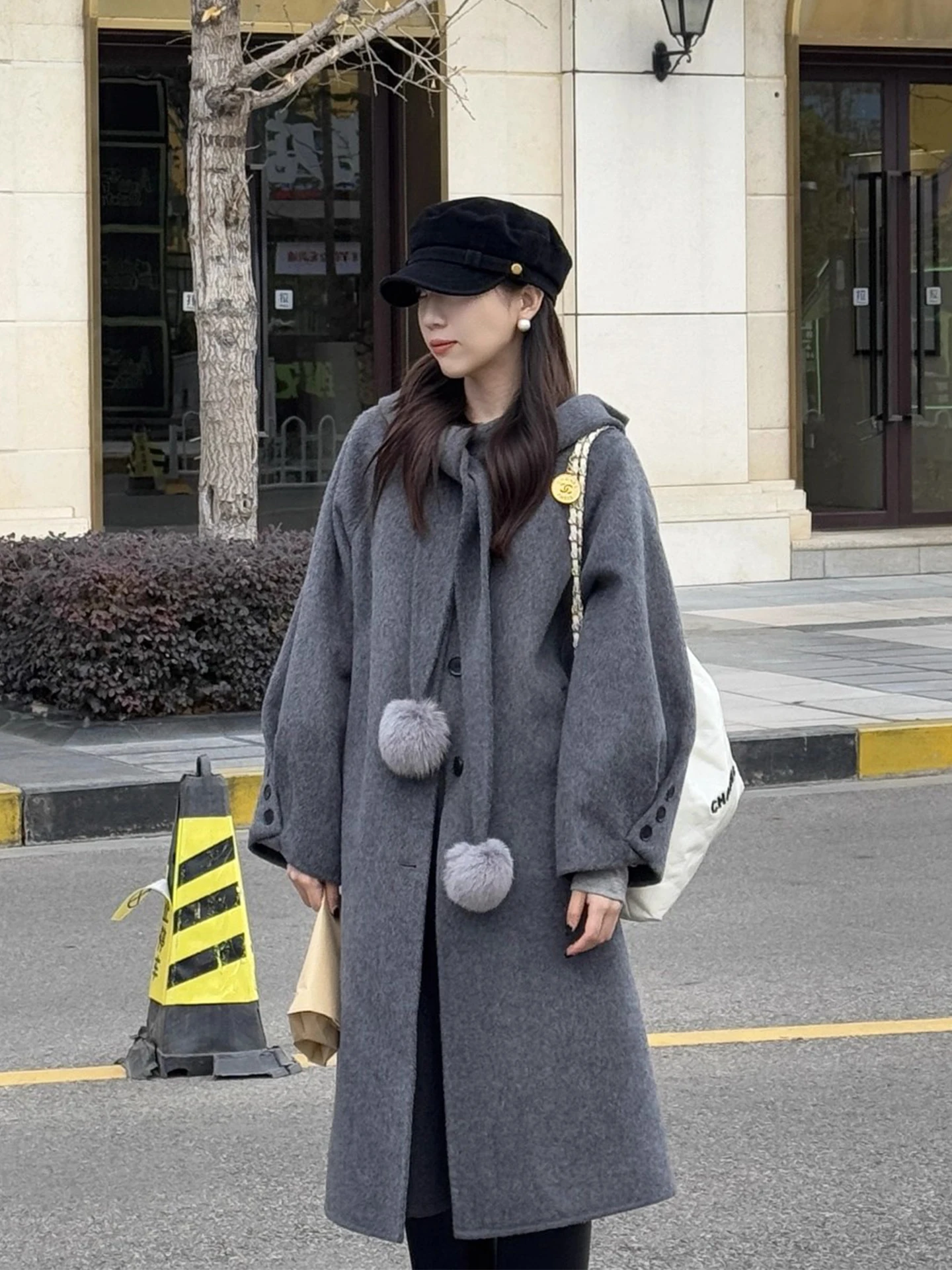 

Clothland женская винтажная серая длинная шерстяная куртка со съемным капюшоном и длинным рукавом, толстая женская зимняя офисная одежда, пальто Mujer CB243