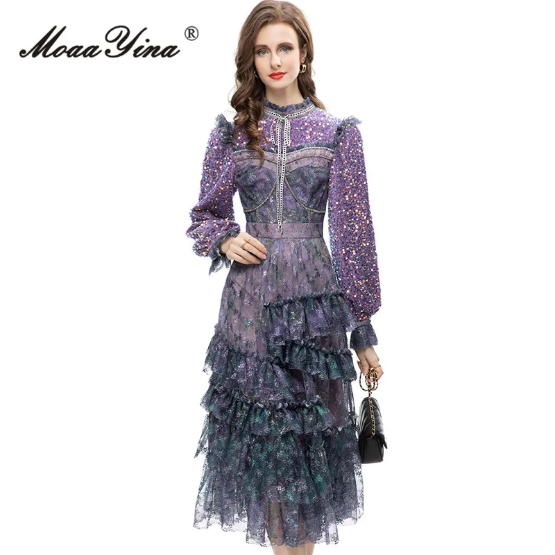 MoaaYina Summer Fashion Designer Luxury Print Dress Women's Stand Collar Frenulum Beading Sequins Mech Ruffles Slim Long Dress