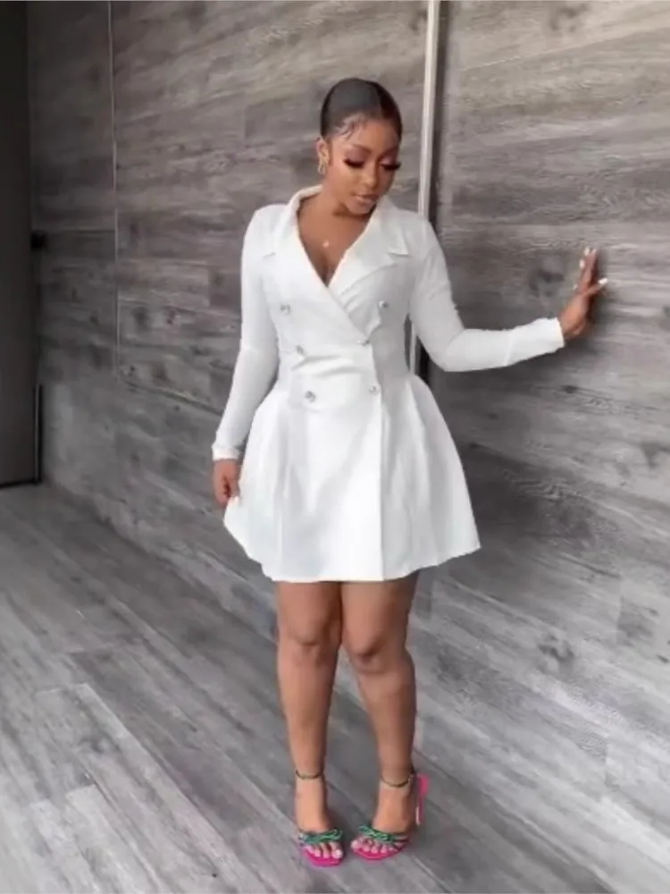 

New Fashion Button Hip-covering Long-sleeved Dress Women Spring Sexy And Elegant Solid Color Lapel Mini Suit Dresses For Women