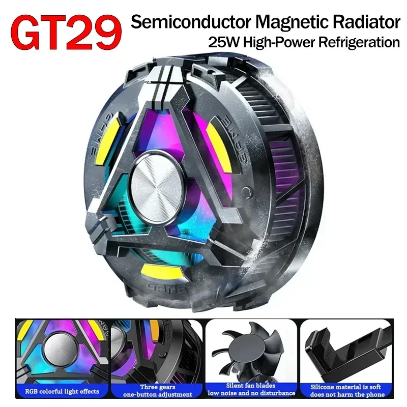 

GT29 Mobile Phone Tablet Semiconductor Radiator Magnetic/Back-clip 2 In 1 Cooling Fan RGB Lighting Game Cooler for IPad/Android