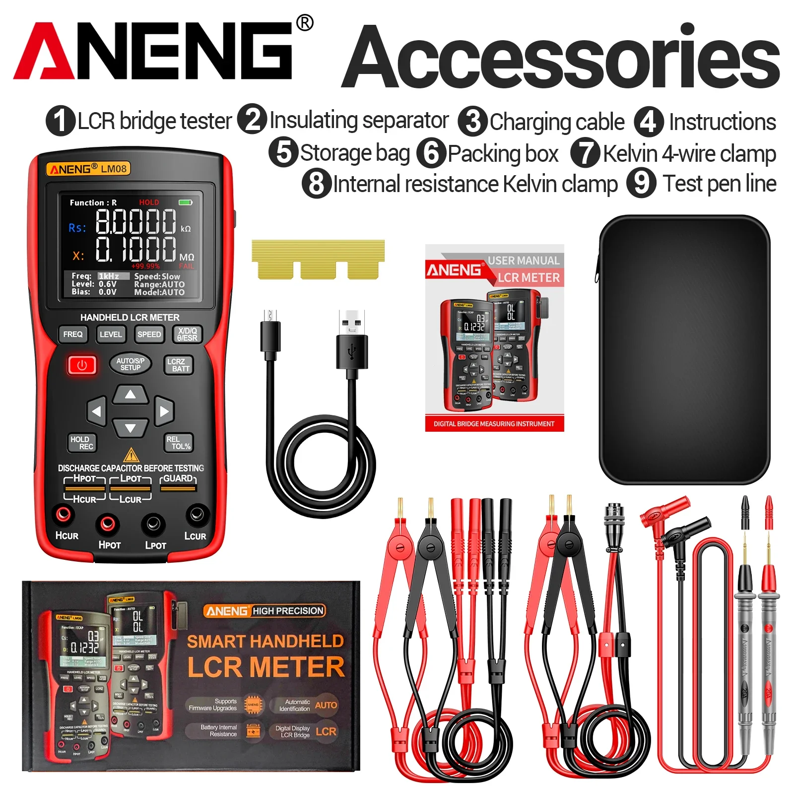 ANENG LM08 высокоточный цифровой измеритель индуктивности, емкости, сопротивления и импеданса, прибор для обслуживания компонентов.