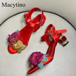 2024 Colorful Flower Ladies High Heel Sandals Round Toe 6CM Heel High Heel Sandals Fashion Party High Heel Sandals