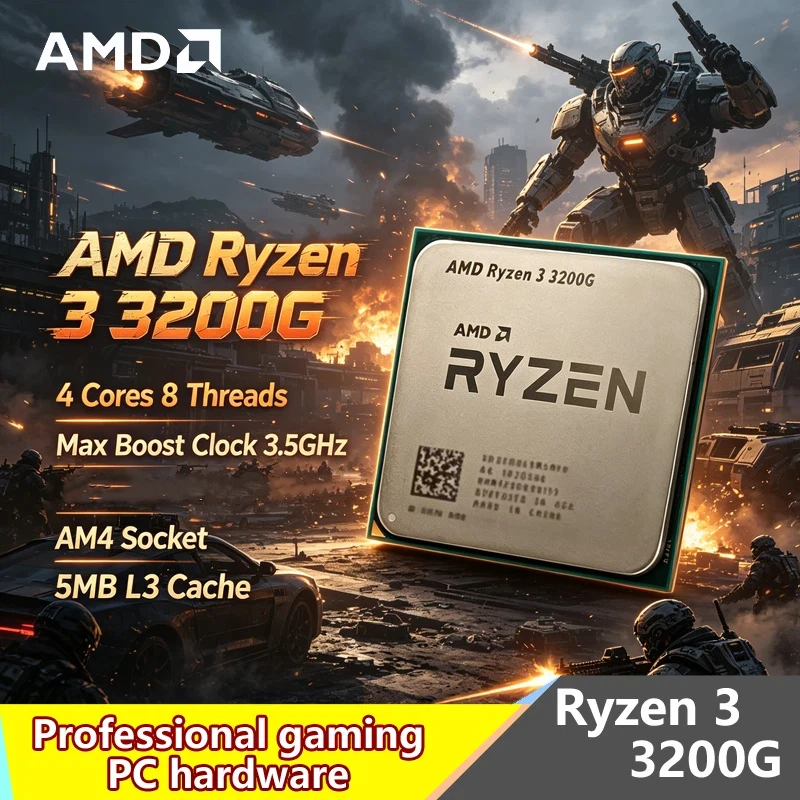 Procesador AMD Ryzen 3 3200G AM4 en Bandeja | 4 Núcleos, 4 Subprocesos, 4.0GHz Boost, 65W, Gráficos Integrados Vega 8 para Computadoras de Escritorio Económicas para Juegos
