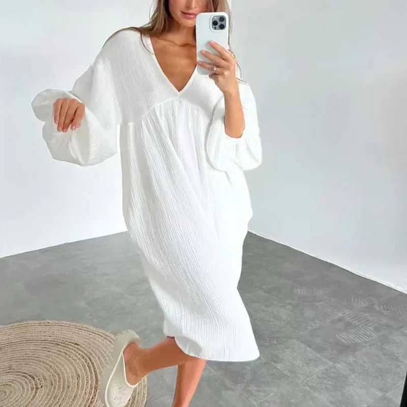 Summer V-neck Women Beach Dresses Fashion Solid Cotton Linen Loose Fit Soft Home Sleeping Dress Casual Lantern Sleeve Long Dress