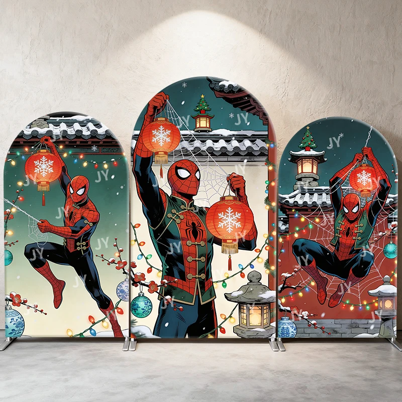 

Spiderman Chinese Style Christmas Arch Backdrop Cover Lantern Decor Scene For Kids Birthday Baby Shower Photo Booth Background