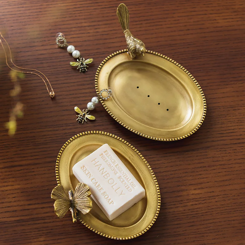 

European-style Gold Brass Soap Dish Bathroom Accessories Dressing Table Jewelry Storage Tray Bathroom Draining Soap Holder Home