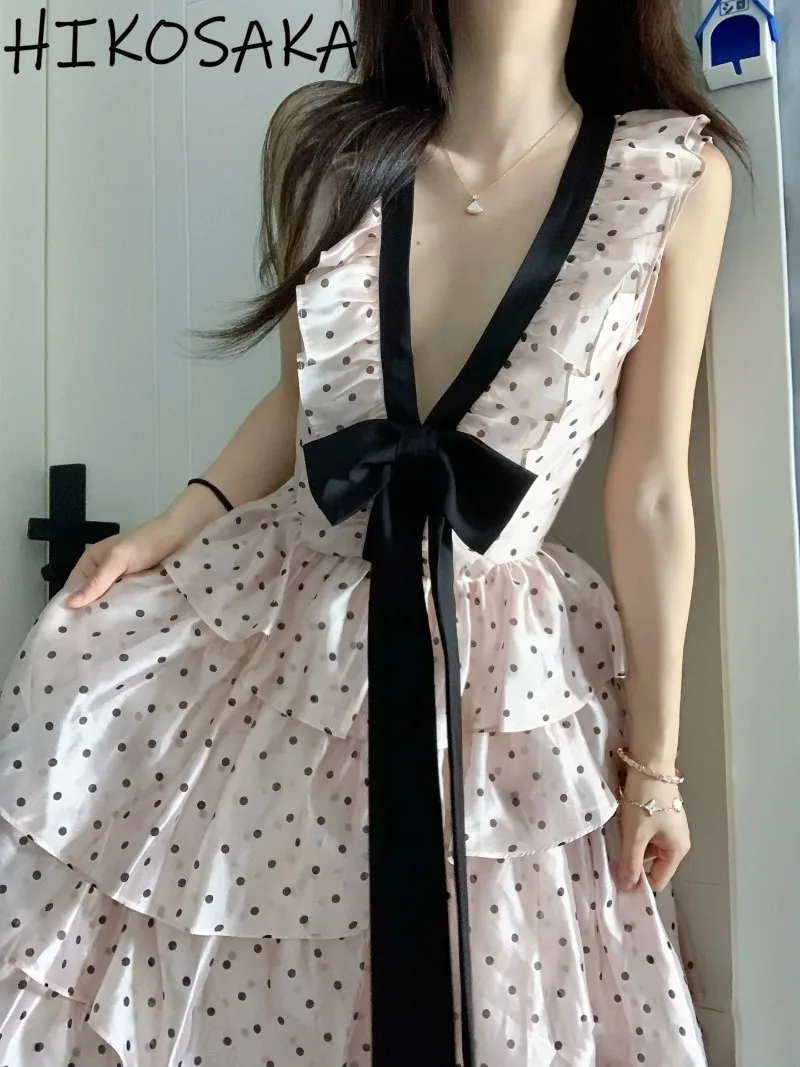 

V-neck Contrast Color Bow Lace Up Summer Dress Women Vintage Polka Dot Ruffles A-line Sleeveless Robe Japan Style Moda Vestidos