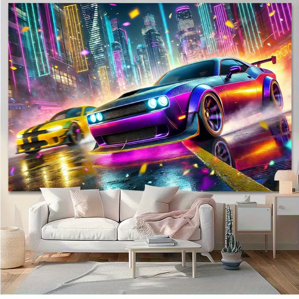 Street racing neon-lit urban landscape Digital printing polyester wall tapestry suitable for use living rooms bedrooms offices