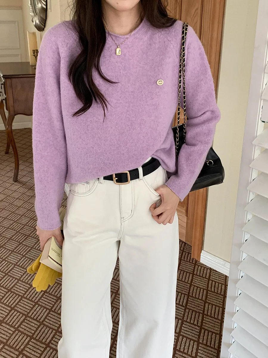 เสื้อสเวตเตอร์ถักแขนยาวลำลองสำหรับผู้หญิง ฤดูใบไม้ร่วง 2025 รุ่นใหม่ ขอบพับ แขนยาว แบบสวม