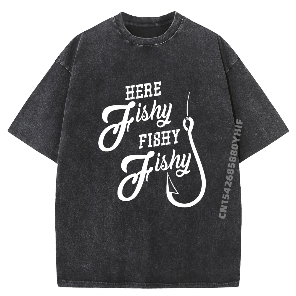 

Мужская футболка с принтом Here Fishy Fishy Fishing Good Luck Shirt Графические рубашки Уличная одежда Стираная одежда Готический стиль
