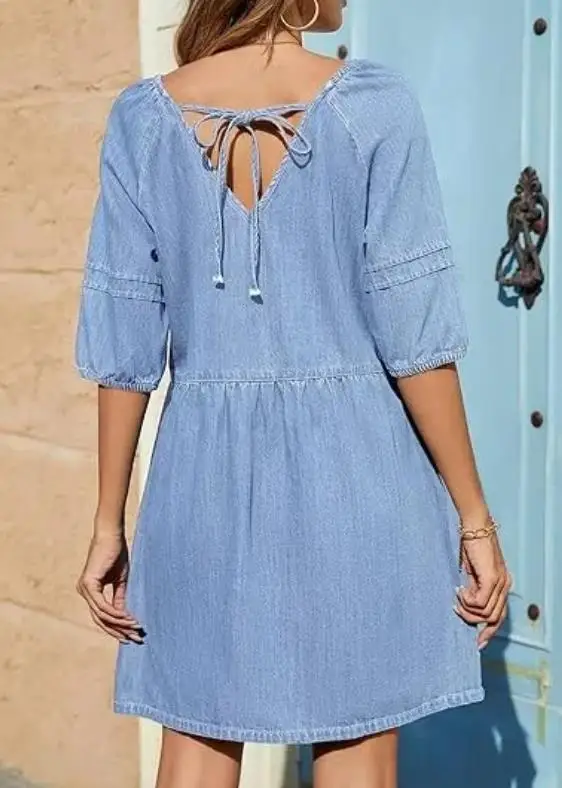 

2026 Fashionable New Loose and Casual Elegant Sexy High Waisted Tied Denim Short Skirt V-Neck Bubble Sleeve Denim Skirt