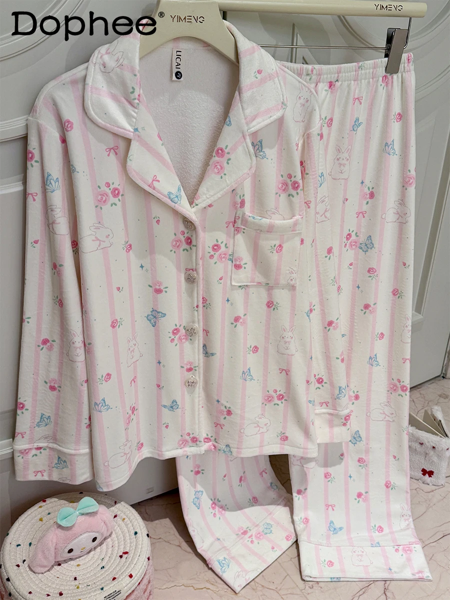 

Женская пижама с длинными рукавами в японском стиле, осенне-зимний тонкий бархатный утепленный теплый комплект, повседневная домашняя одежда в розовую полоску