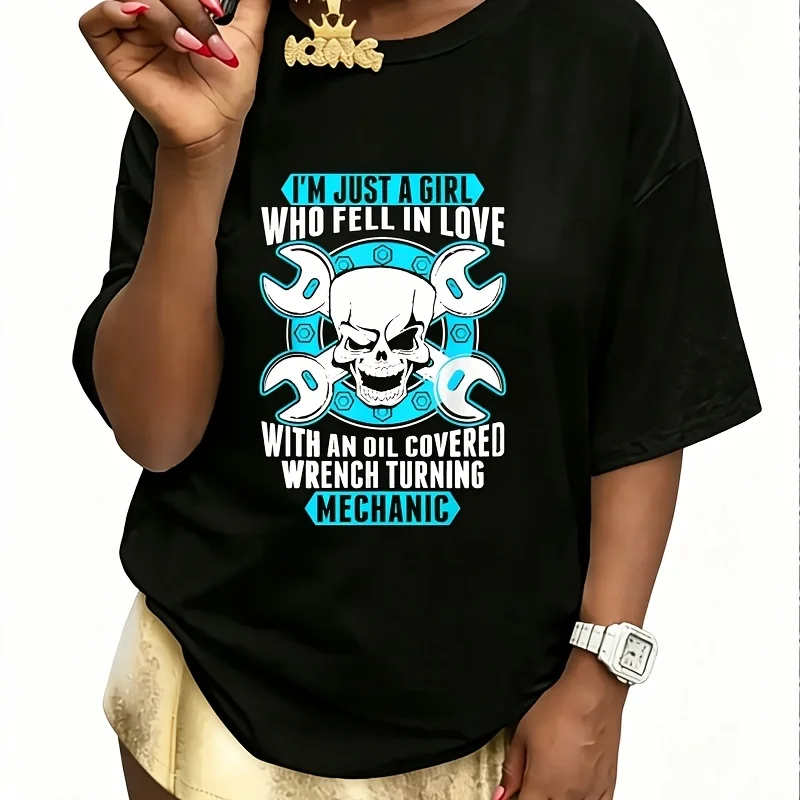 Funny Auto Repair Shirt with Skull & Wrenches Women's 100% Cotton T-Shirt Fun Print Short Sleeve Top Casual Round Neck Tee S-5Xl