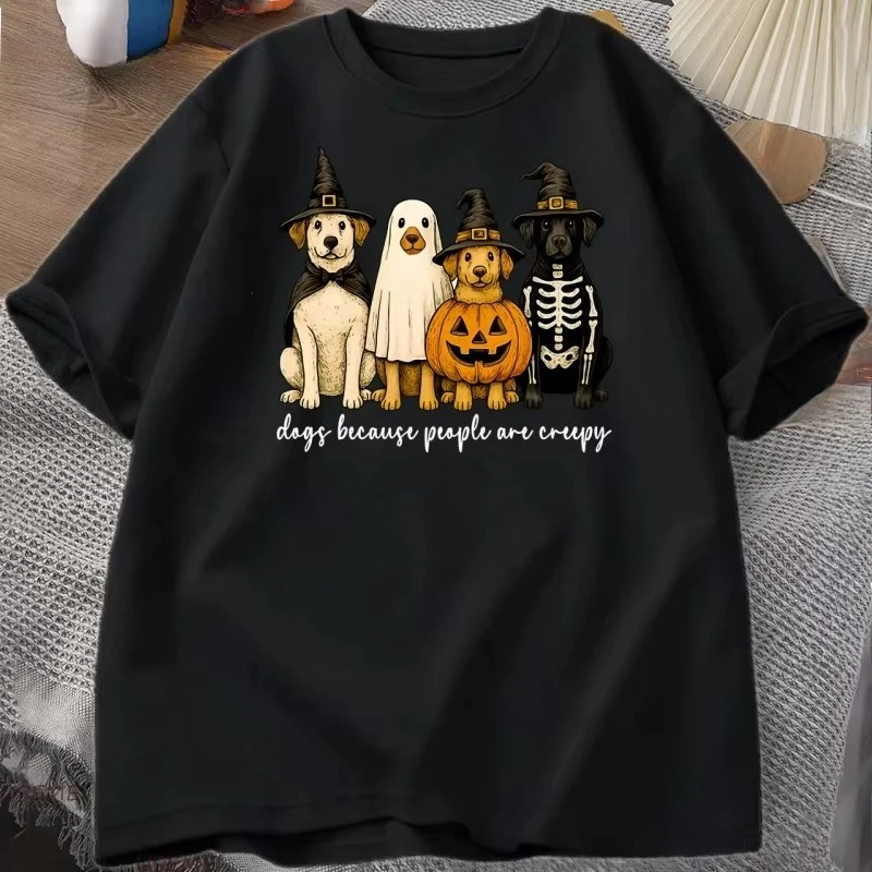 Dogs Because People Are Creepy T-shirt Funny Halloween Dog Mom Tshirt Spooky Vintage Dog Lover Graphic T Shirts Men's Clothing