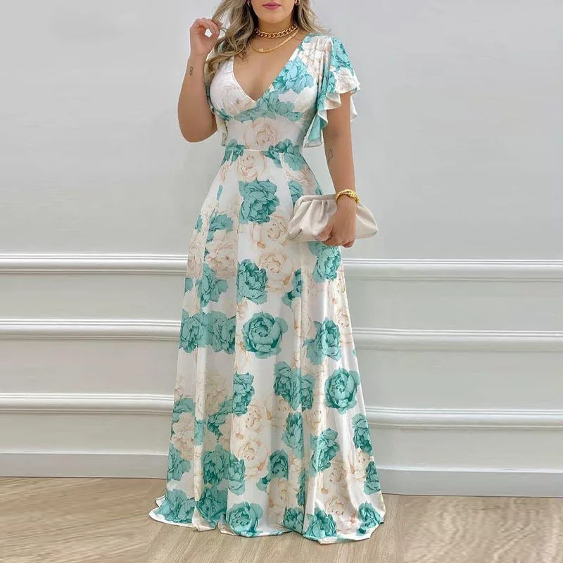 

2024 New Women's Summer Floral Commuting V-Neck Waist Cinching Printed Large Hem Dress