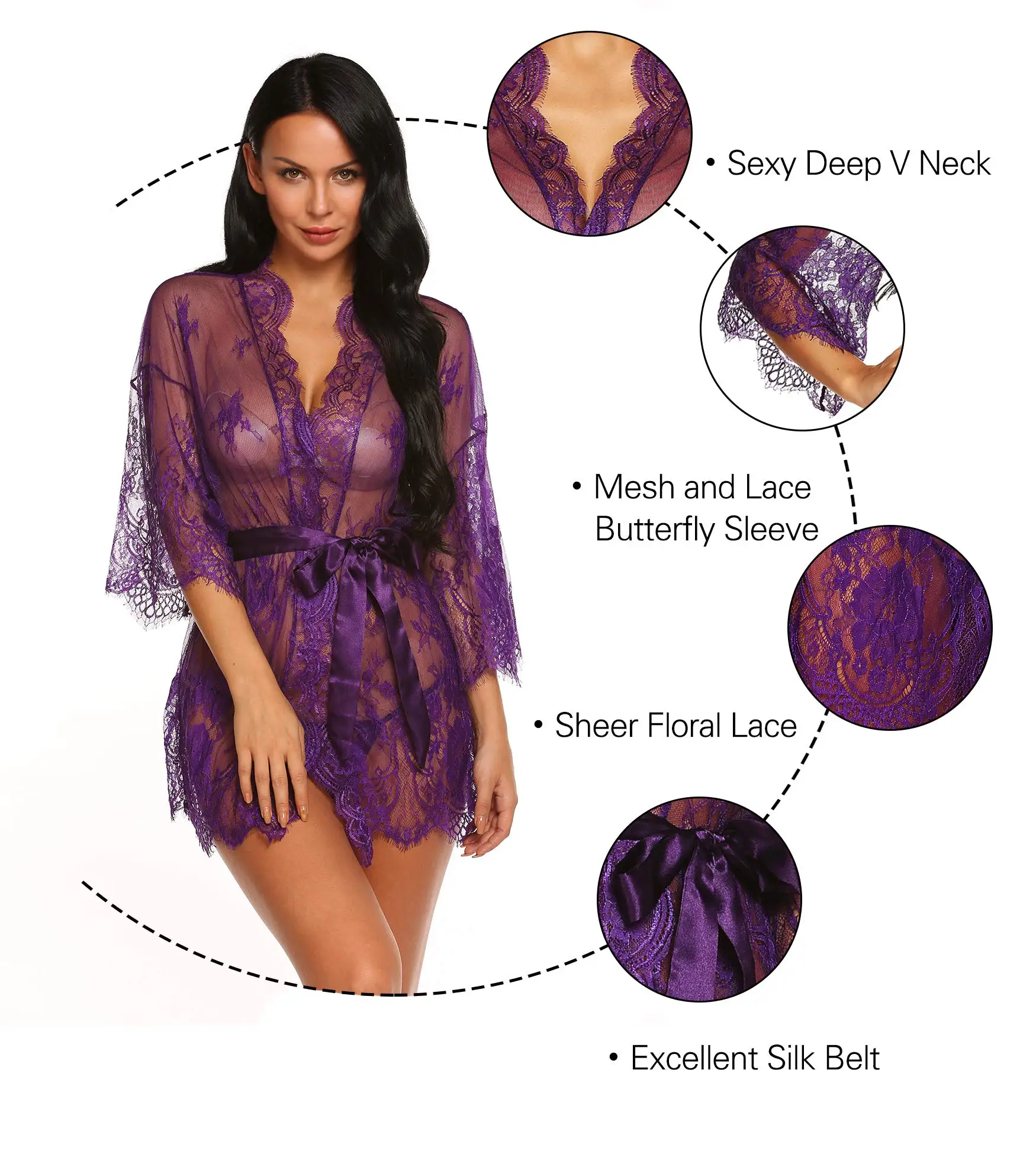 Set di vestaglia in pizzo romantico da donna Babydoll floreale trasparente Lingerie da notte Cintura elegante da sposa Boudoir Sleepwear Camicia da notte in rete