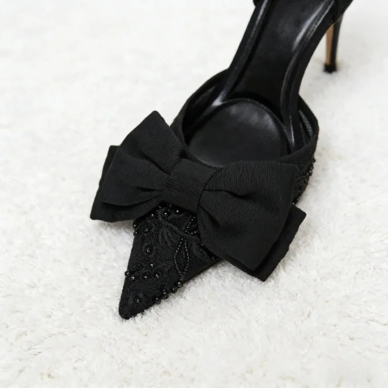 Brand Designer Thin High Heels Women Bow String Bead Pointed Slingback Mules Pumps Mesh Embroider Elegant Dress Sandals Female