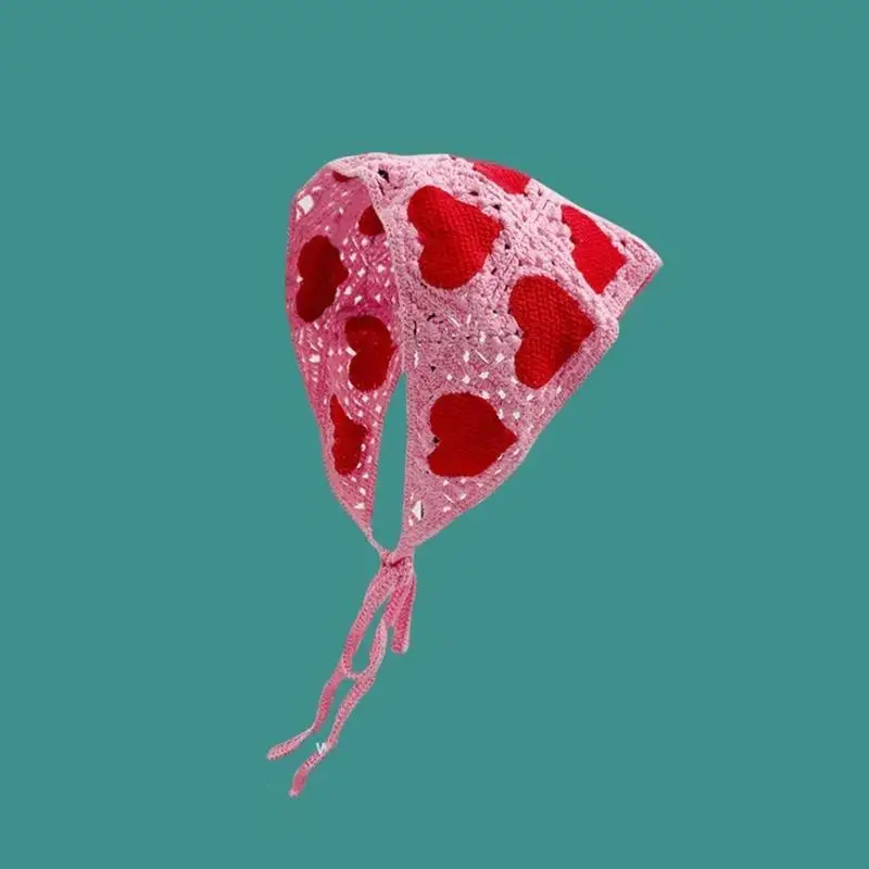 

39BD Lovely Crochet Bandana Knitted Hair Kerchief Tie Back Headwrap Heart Pattern Turban for Girls Photo Props