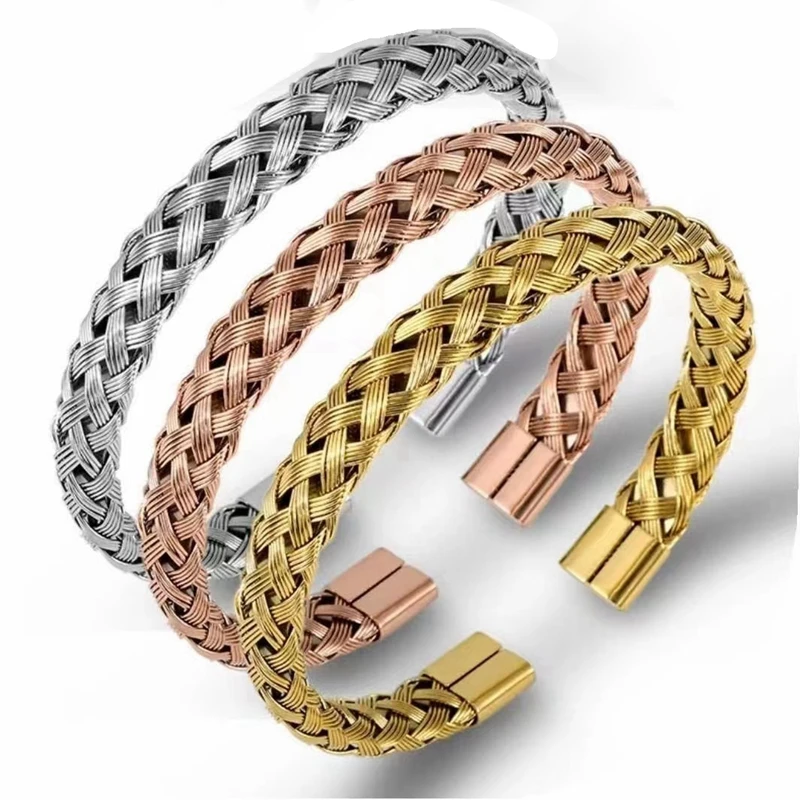 

Luxury Braided Men Women Mesh Stainless Steel Charm Open Cuff Bangles Jewelry Punk Unique Wire Chain Link Fashion Bracelets