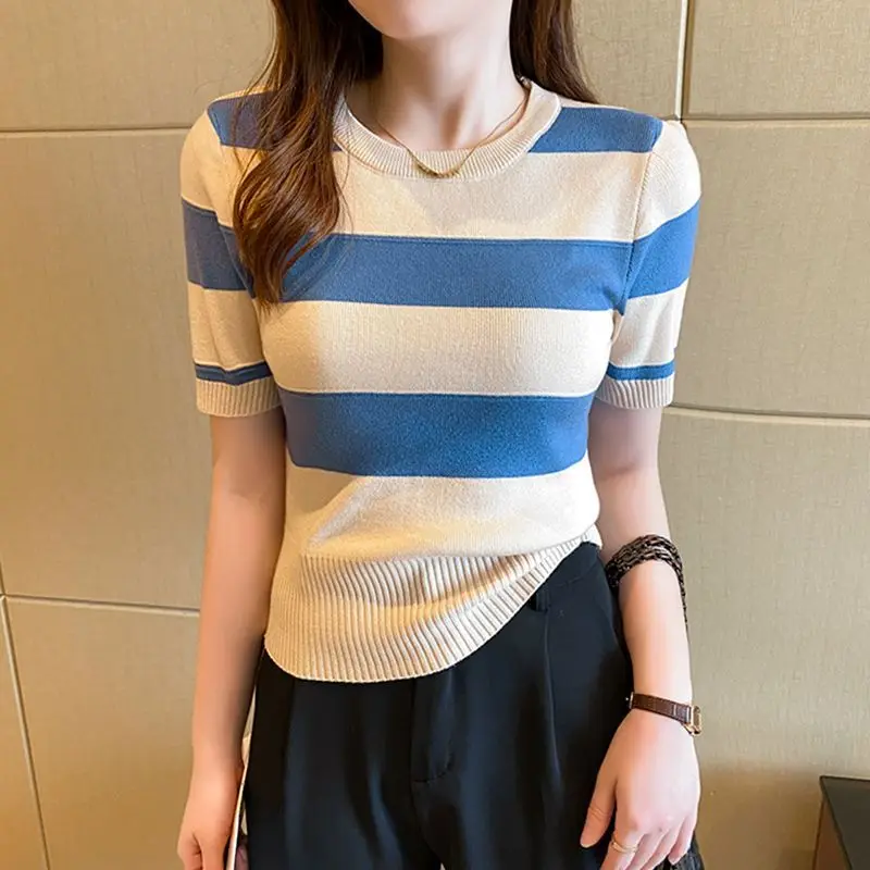 Striped Ice Silk Knitted T-shirt Women Summer Slim Short Sleeve Casual Top Tee