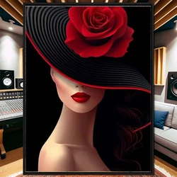 Diamond Painting Modern Art Sexy Black Hat Red Lips Woman 5d Diamond Embroidery Full Diamond Mosaic Cross Stitch Decoration