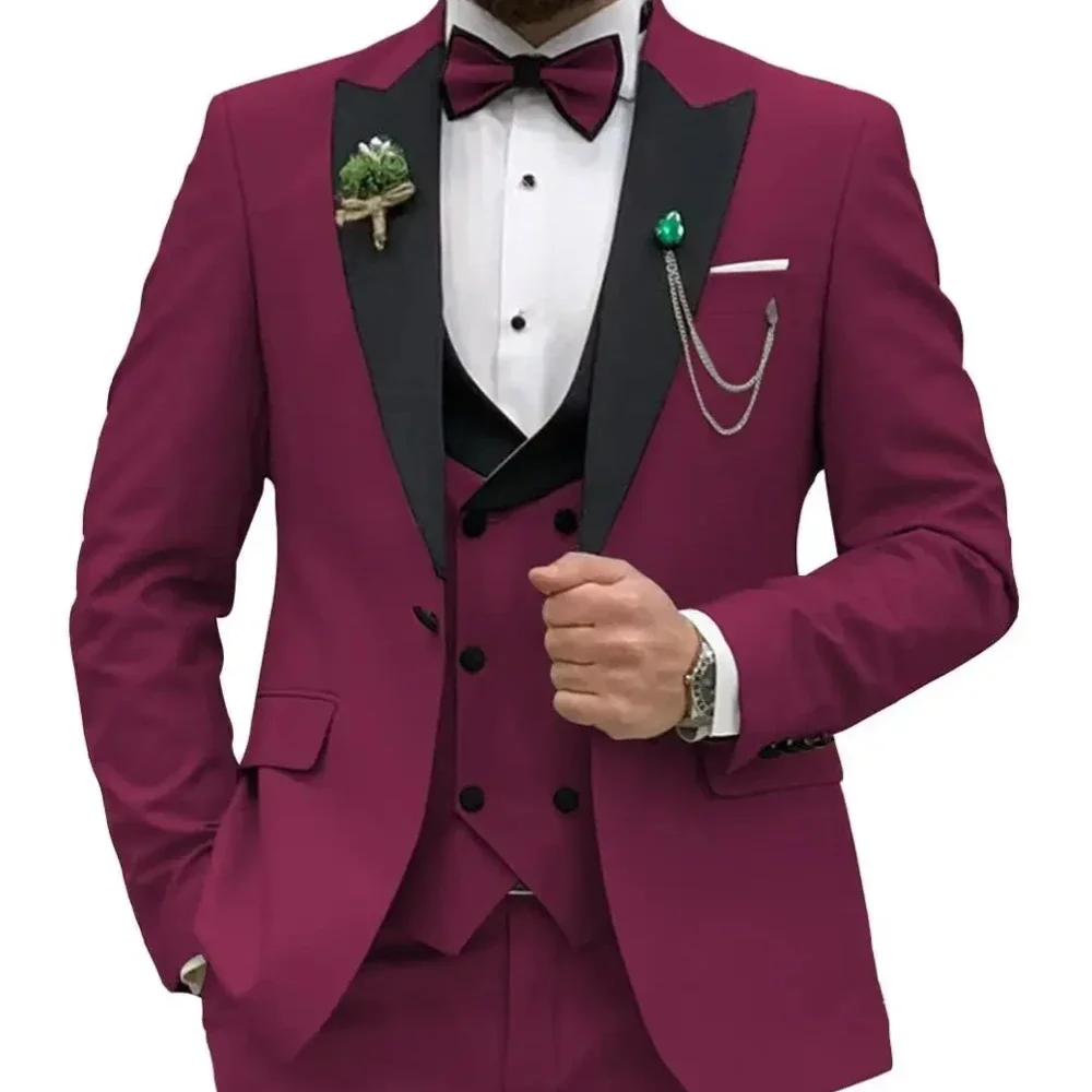 High Quality Men Suits 3 Piece Jacket Pants Vest Male Clothing One Button Peak Lapel Slim Fit Prom Costume Homme Blazer Terno