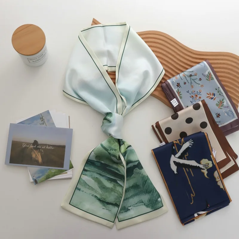 Hair Band Silk Scarf Thin Scarf Ribbon Arm Bag Decorative Women's Duplex Printing Narrow Thin Suit Scarf Belt Small Strip
