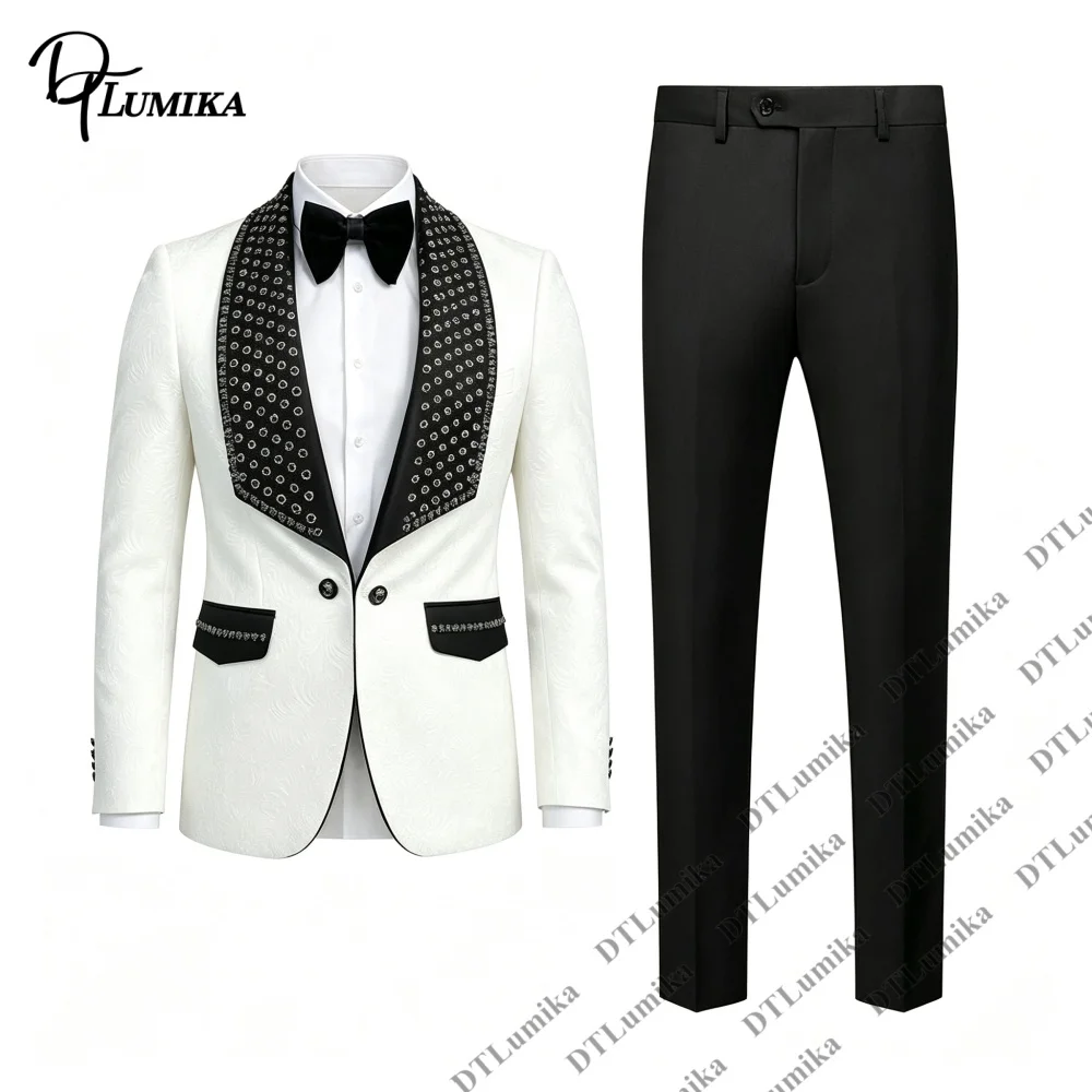 Wedding Suits Groom Tuxedo Homecoming Youth Formal Dance Events Contrast Trim Jacket Pants Jacquard Beaded 2 Piece Suit for Men