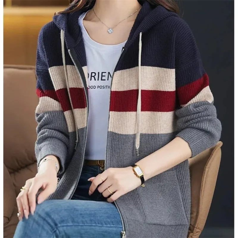 2025 Autumn Winter Women's New Loose Striped Color Matching Coat Sweater Female Casual Knitwear Ladies Wool Blended Jacket