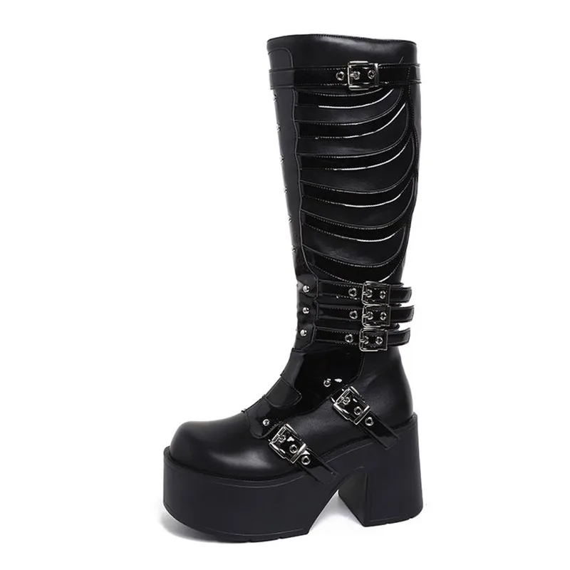Punk Women Boots Ladies 2026 Cosplay High Boots Comfort Long Leather Boots Black Chunky High Wedges Women Shoe Gothic Style Boot