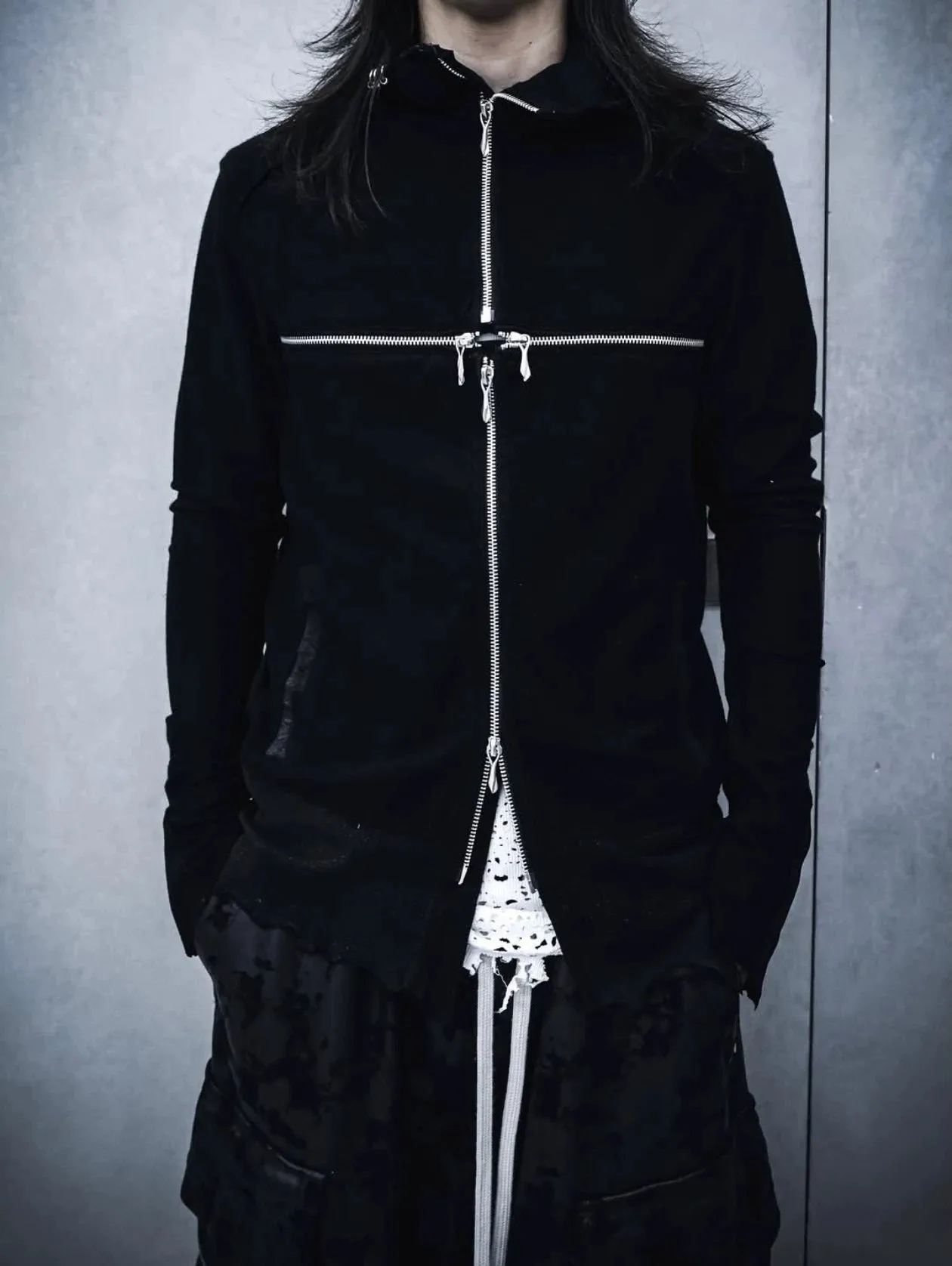 FANTASTION 14th - visually-driven, cross-stitch detail, hooded sweatshirt jacket, subculture-inspired outerwear, unisex jackets