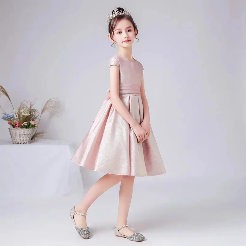 

Pink Shining Satin Flower Girl Dresses Short Wedding Birthday Party Gown Cap Sleeve Girls Princess Formal Pageant Gowns Bowtie