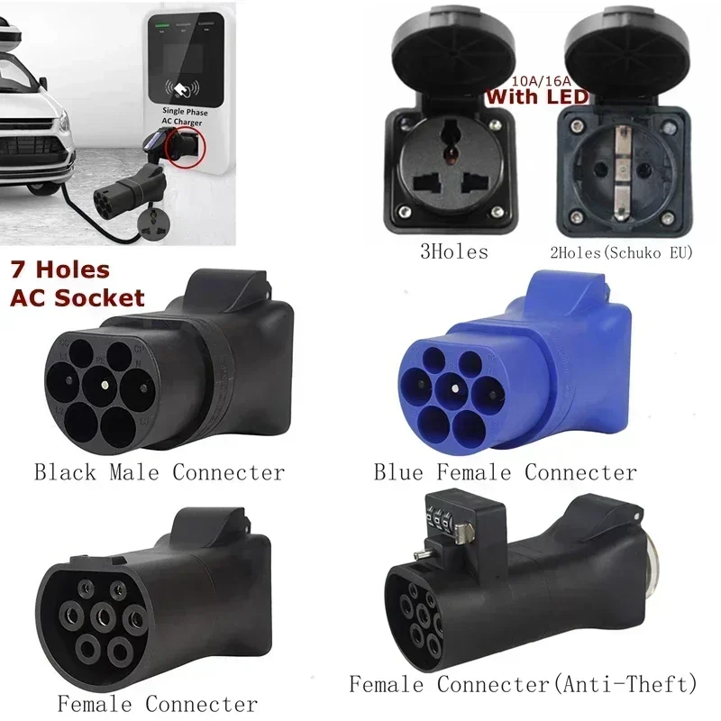 EV Plug Charger Connector to AC 220V/110V EVSE Adapter Pins Socket Bike Electric Scooter Adapter External Charging For RV Camper