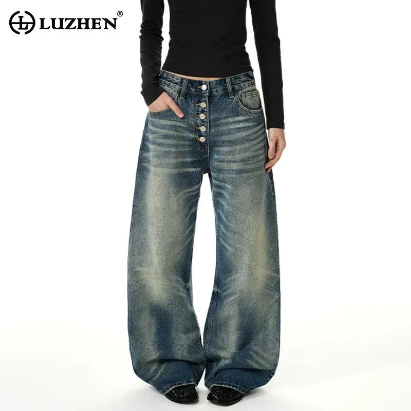 LUZHEN Loose 2026 New Stylish Gradient Washed Vintage Style Straight Jeans Men's Fashion Handsome Buttoned Denim Pants JY8594