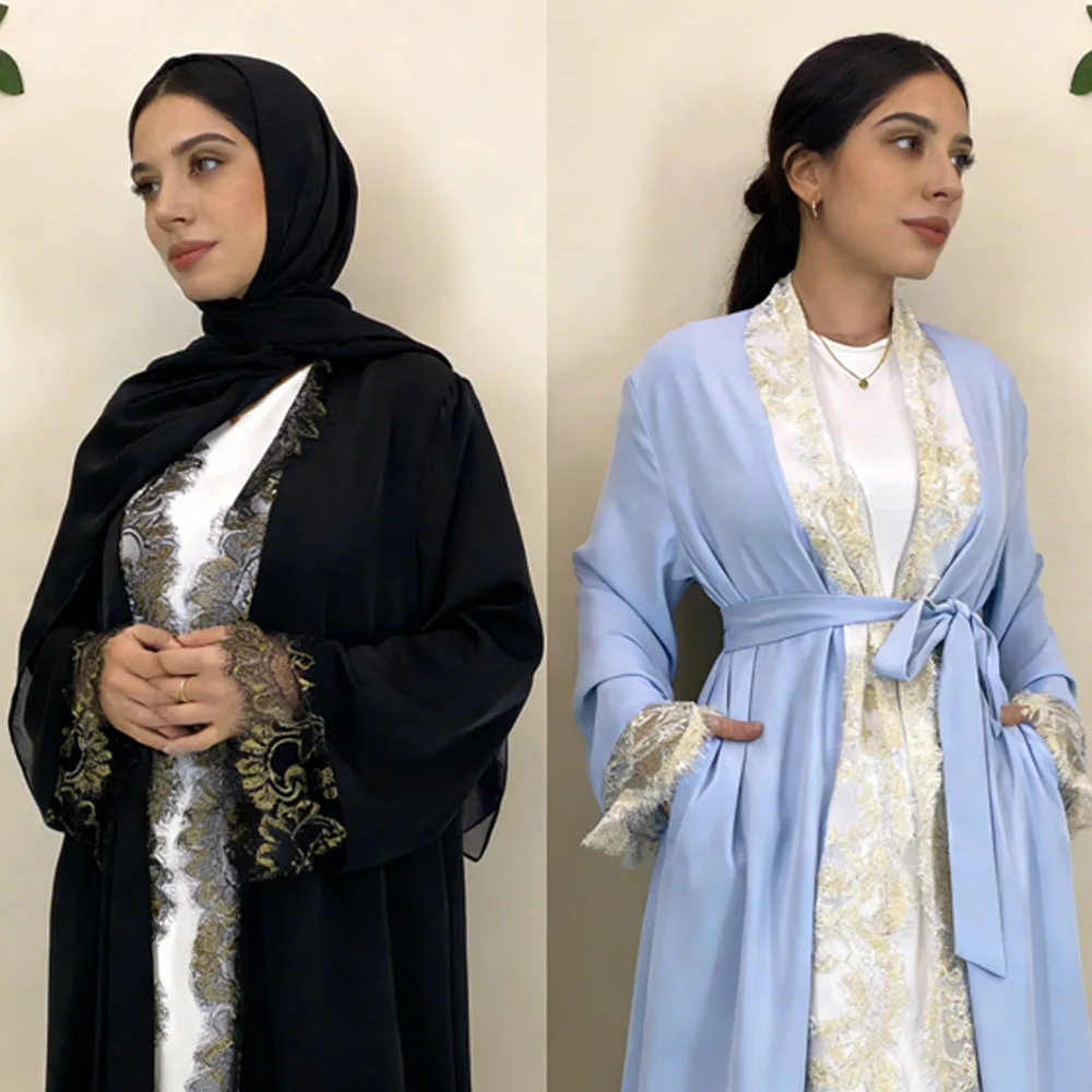 

Ид, кружевная вышивка, открытая Абая для женщин, кимоно в Дубае, кардиган, мусульманское платье-хиджаб, халат Kebaya, кафтан, Джалабия, молитвенная одежда