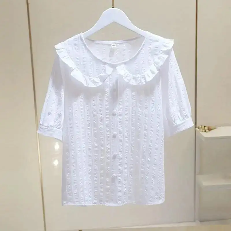 Summer New Solid Color Loose All-match Shirt Tops Short Sleeve Button Simplicity Casual T Shirts Sweet Fashion Women Clothing