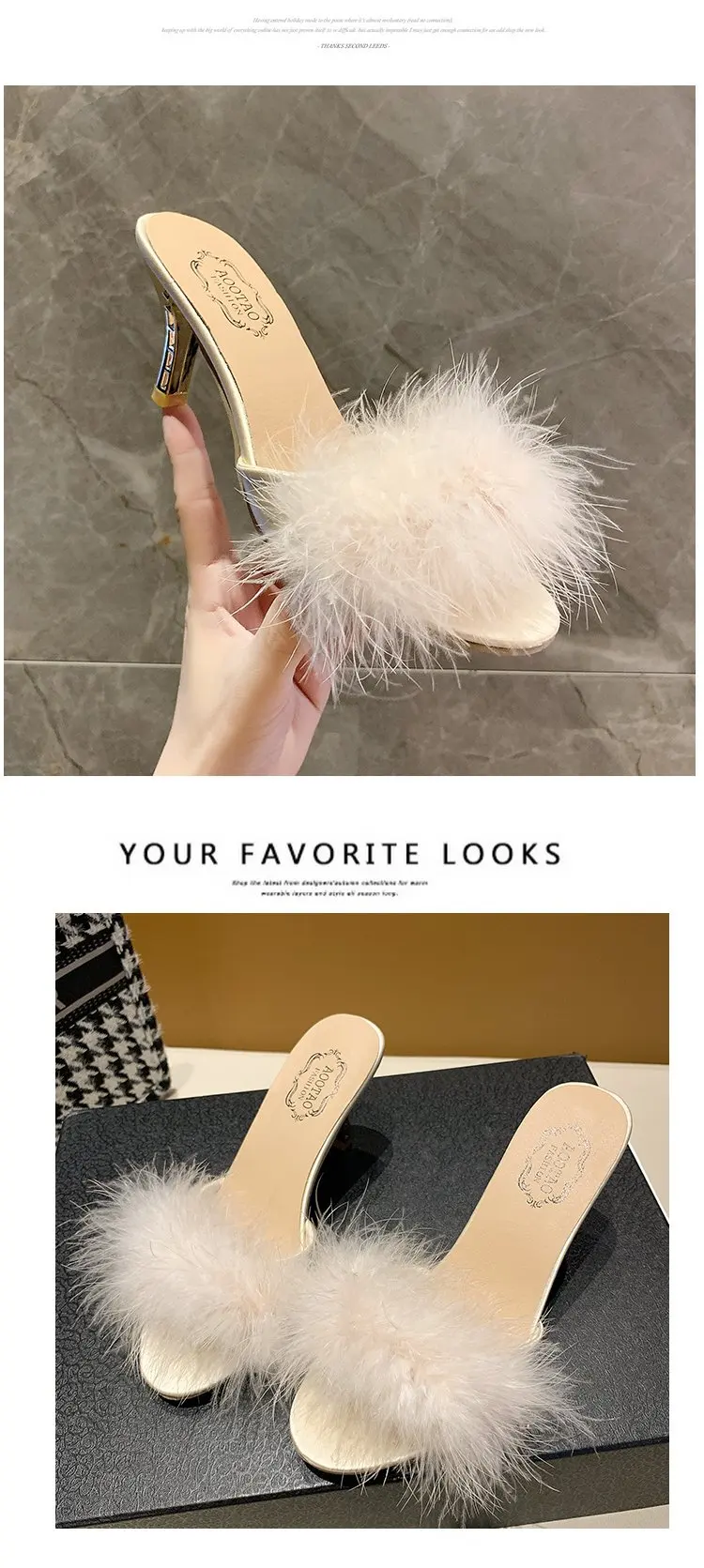 New Summer Fluffy Peep Toe Sexy High Heels Women Shoes Fur Feather Lady Fashion Wedding Slip-On Pink Square Toe Women Sandals