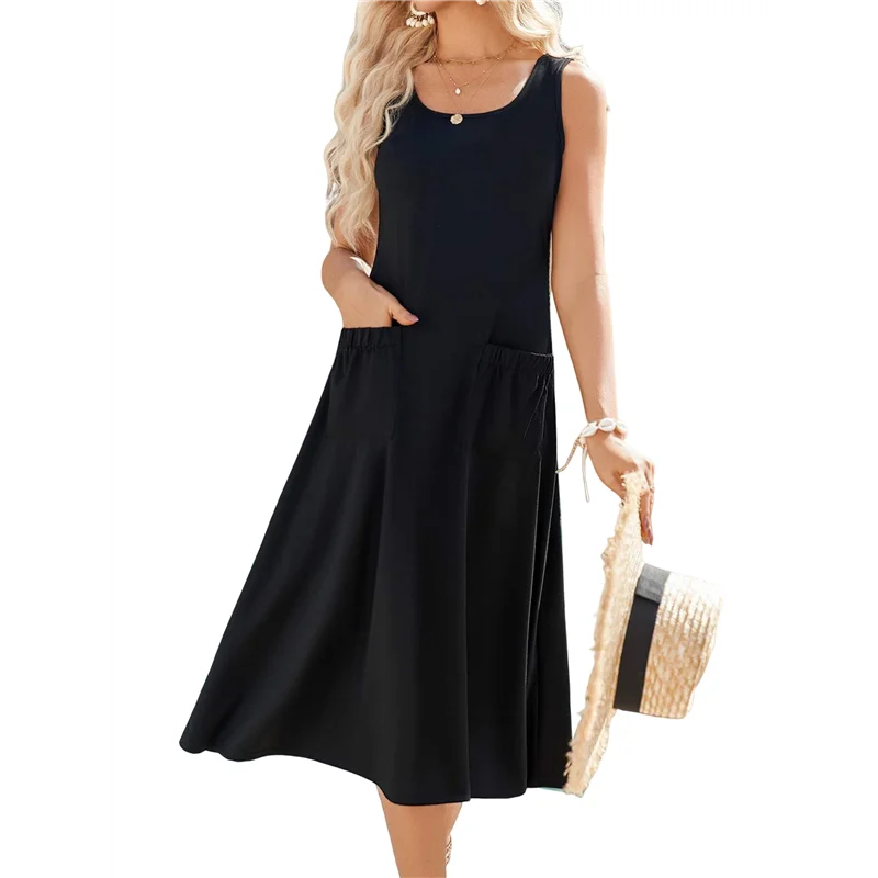 AOAO-Women's Summer Sleeveless Floral Beach Crewneck High Waist A-Line Midi Tank Dresses With Pockets