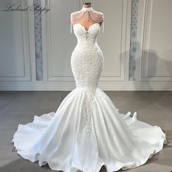 Lceland Poppy Customized Mermaid Satin Wedding Dresses Floor Length Pearls Beaded Sleeveless Bridal Gowns with Court Train