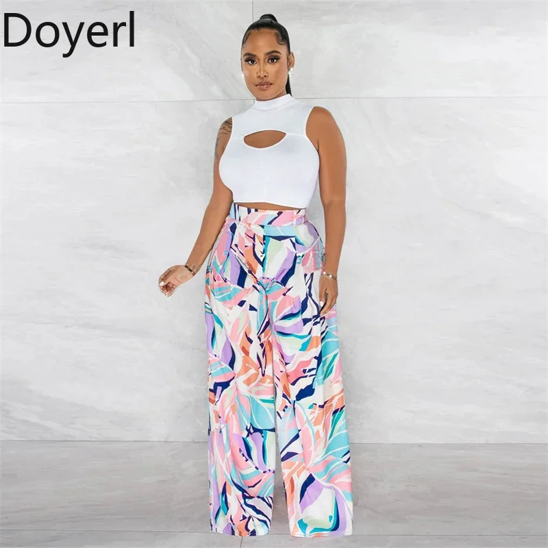 

Doyerl Elegant 2 Piece Set for Women Summer Clothes Hollow Out Slim Crop Top and Wide Leg Pants Holiday Outfits Ensemble Femme