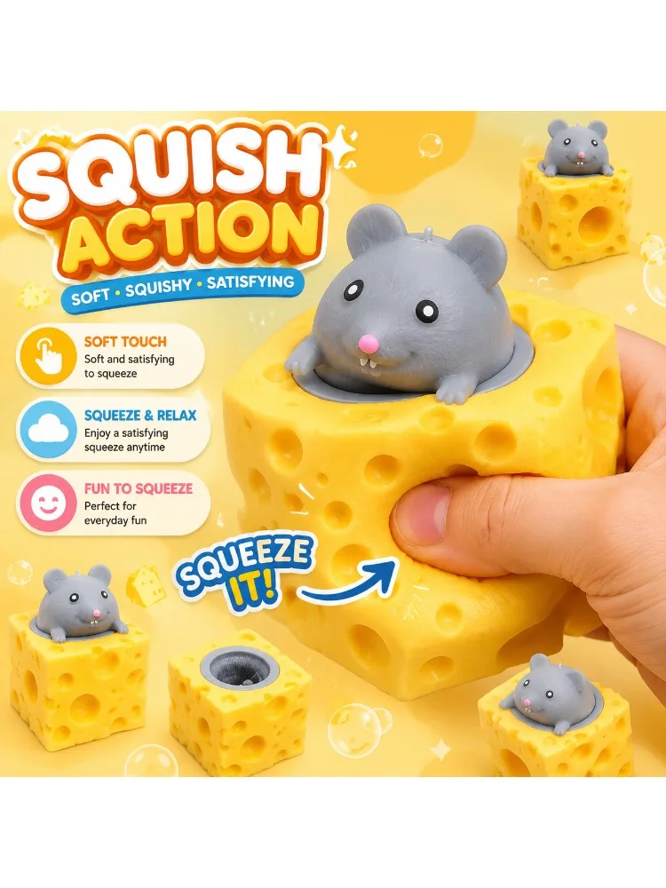 Fidget Mouse Rat Stress Ball Cheese Cup Squeeze Toy Decompression Cheese Toys Sensory Relief Gift for Adults Kids