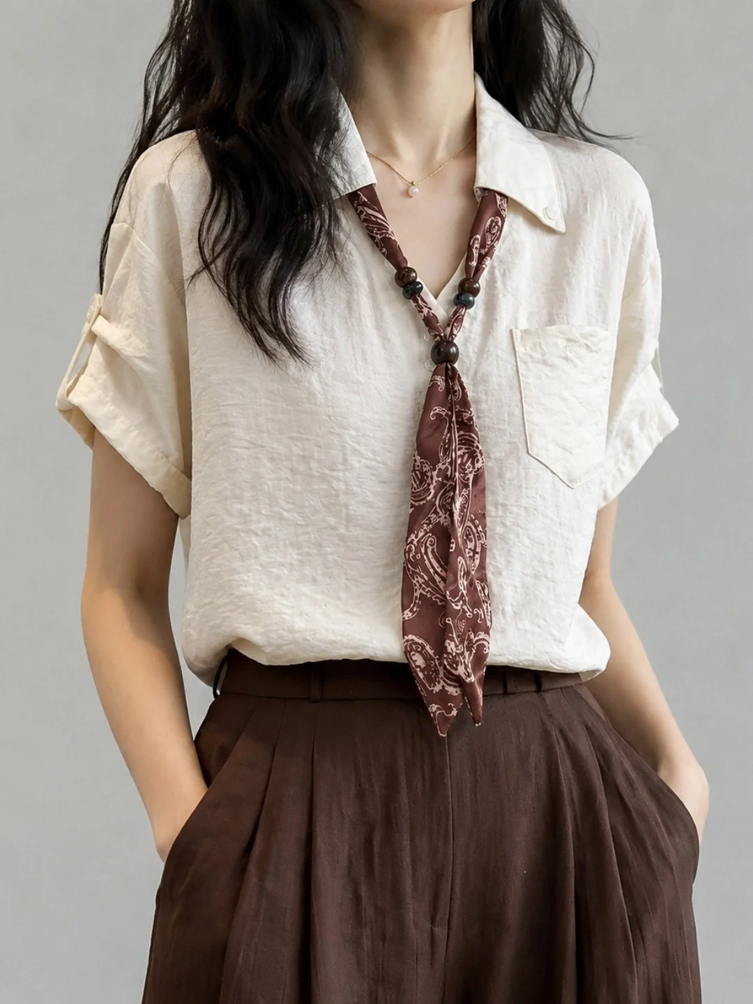 

Loose Neck Short Sleeve Chiffon Shirt Summer Fashionable Soft Versatile Top Korean Style Straight Cut Single Button Closure