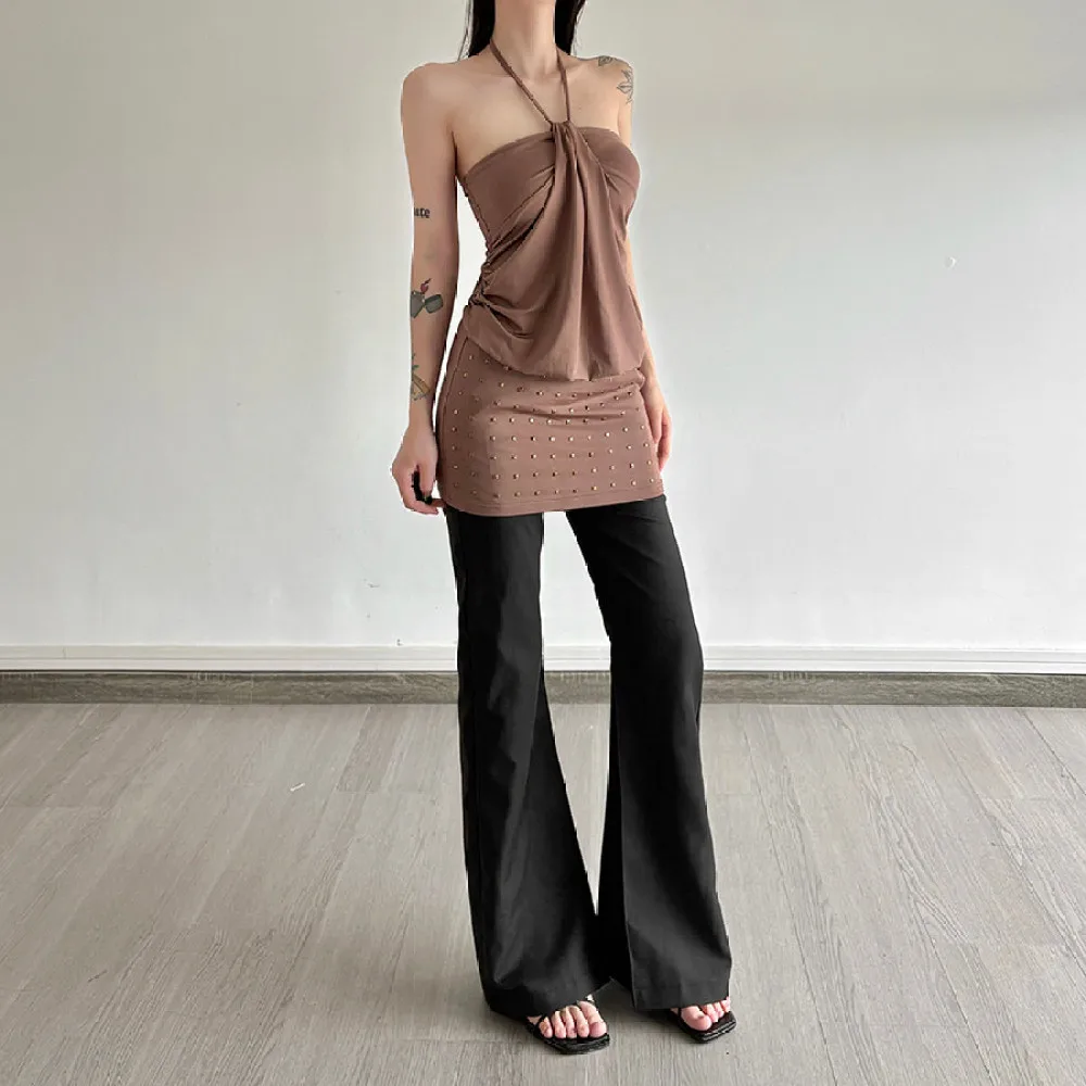 SylCue-minivestido elegante fruncido para mujer, vestido Halter con hombros descubiertos y espalda descubierta, moda urbana más delgada, ropa de estilo versátil Y2K