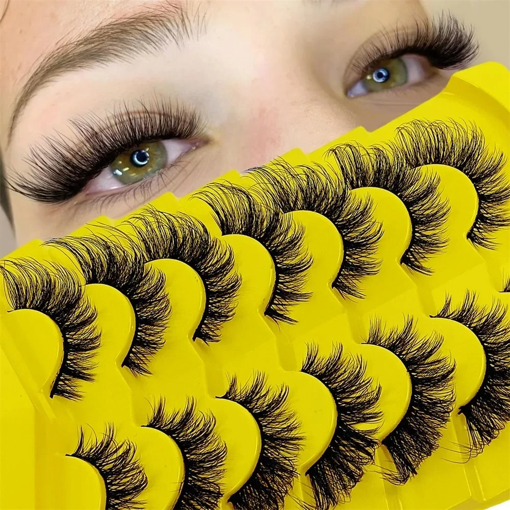 7 Pairs Wispy Natural Cat Eye False Lashes 3D Cross Manga Fluffy Soft Strip Eyelashes Easy To Apply Makeup Lashes for Starters
