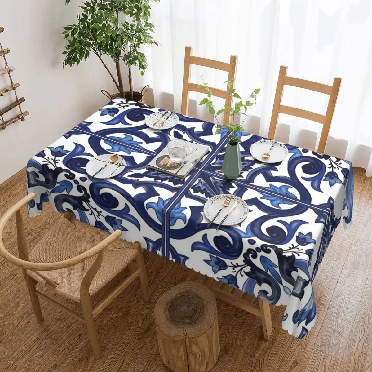 Blue Ornate Floral Mediterranean Sicilian Tile Tablecloth Restaurant Kitchen Rectangular Tablecloth Tablecloth Dining TableCover