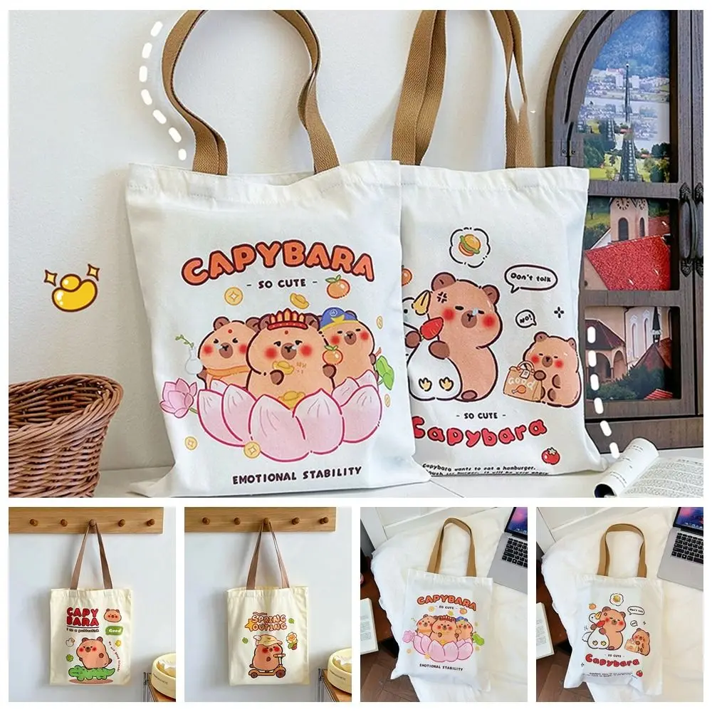 Bolso de mano con estampado Kawaii de capibara de dibujos animados, bolso de lona reutilizable de gran capacidad, bolso grande de hombro duradero resistente al desgaste para tableta