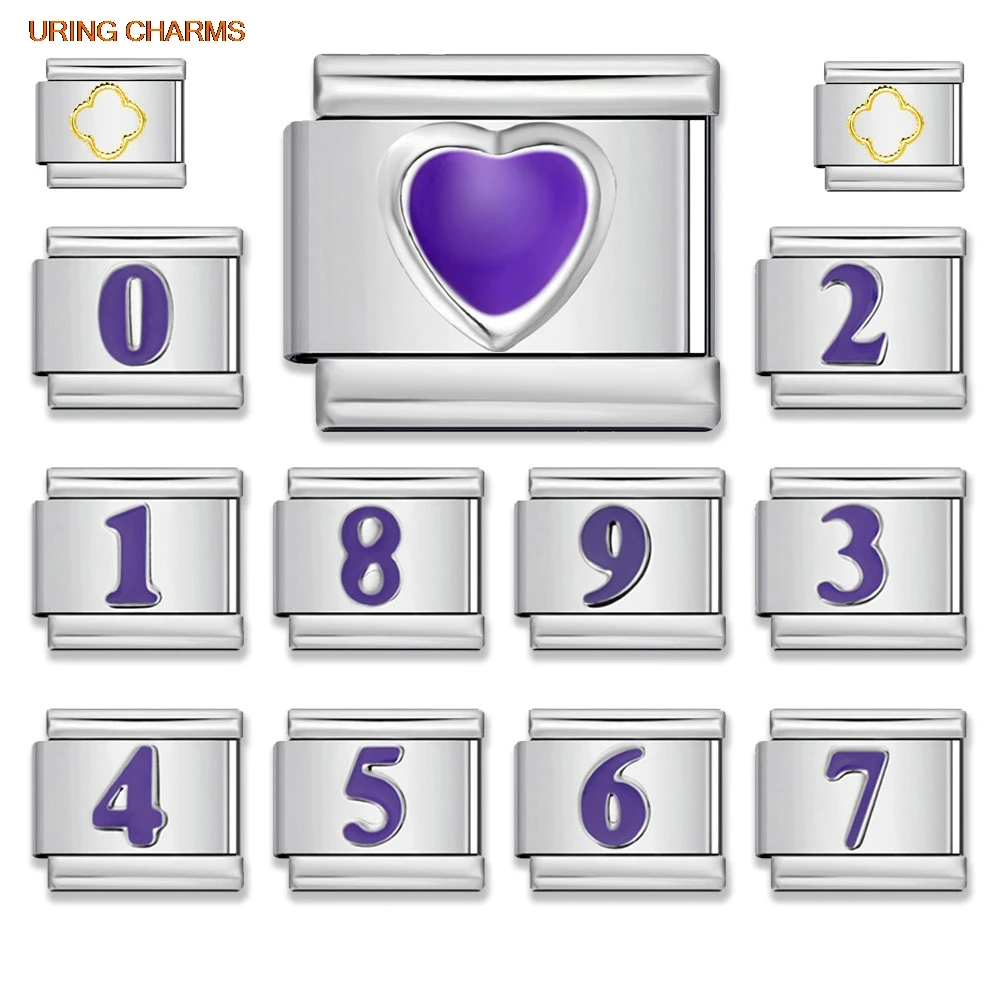 Classic Purple Number 0/1/2/3/4/5/6/7/8/9 Italian Charm Link Fit 9mm Stainless Steel DIY Making Bracelet Jewelry Wholesale