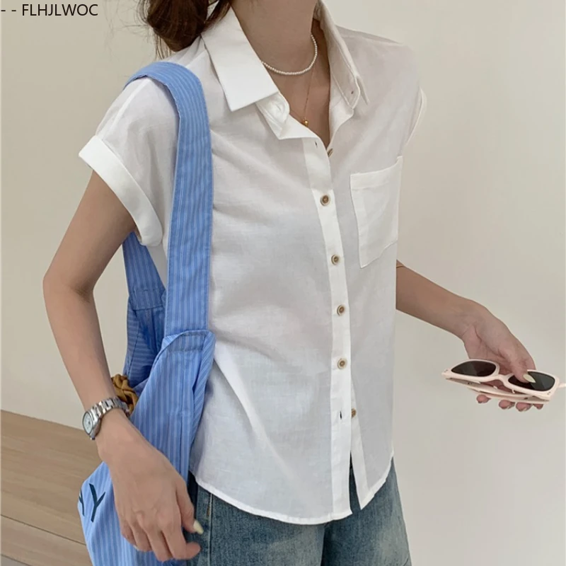 Blusas de linho de algodão novo 2025 verão bonito doce meninas estilo preppy manga curta retro vintage botão camisas brancas